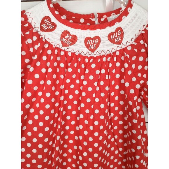 Valentines Day Polka Dot Smocked Dress Red White Hearts Girls Size 5 - Picture 3 of 7